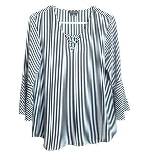 Van Heusen Women Navy White Striped Lattice V-Neck Bell Sleeve Blouse M Nautical